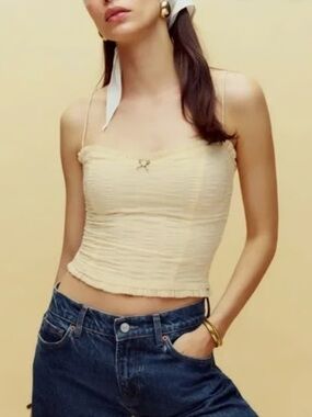 Reformation Trixi Top Cream Pale Yellow Smocked Halter Cami